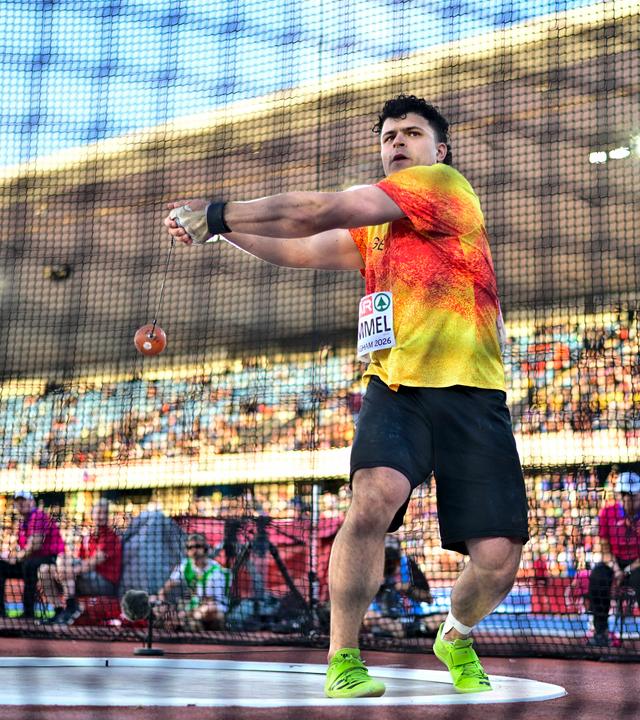 Merlin Hummel beim Hammerwurf der Männer bei den Leichtathletik-Europameisterschaften 2026.