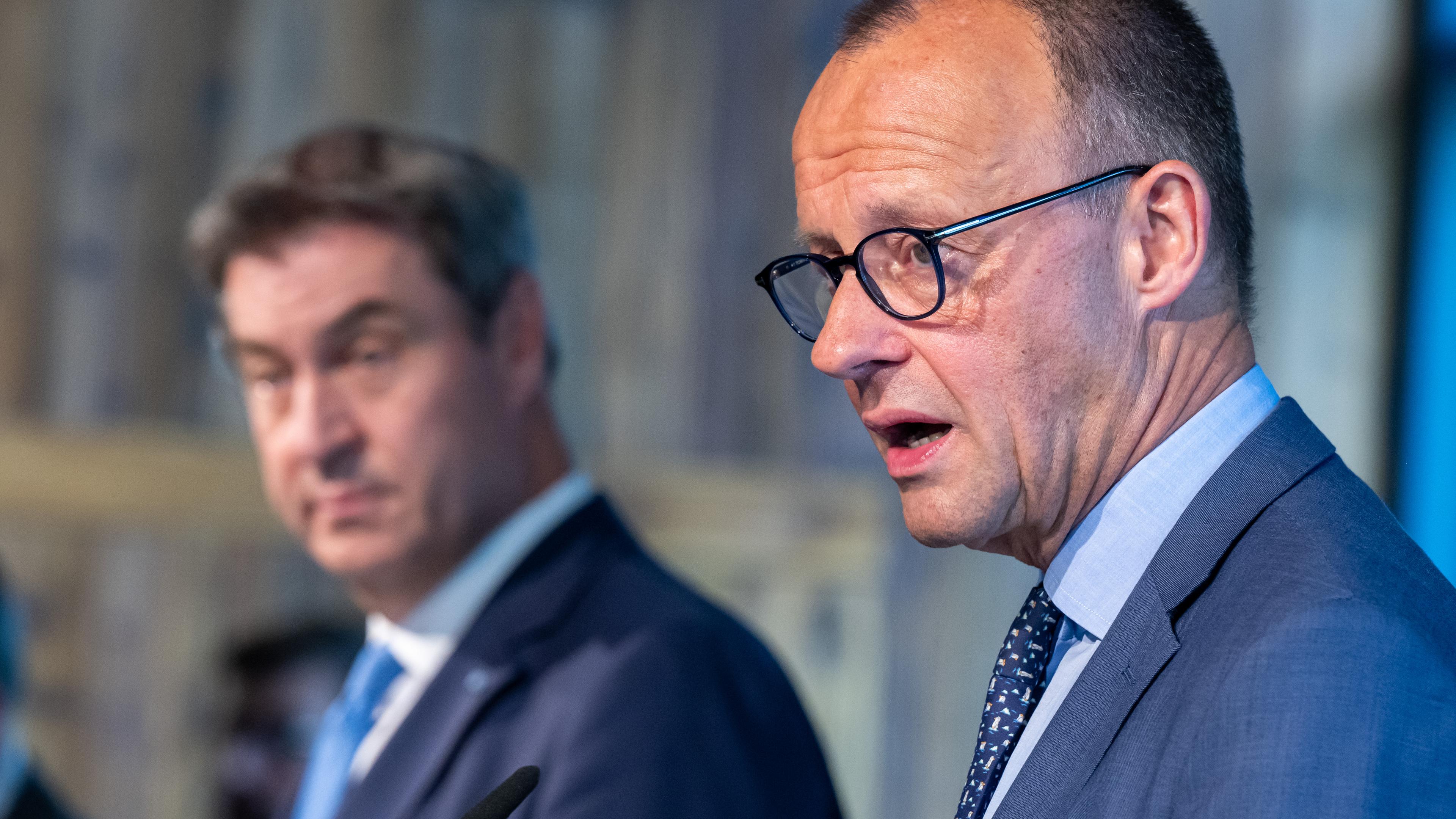 CSU-Chef Markus Söder und CDU-Vorsitzender Friedrich Merz bei einer gemeinsamen Pressekonferenz in München