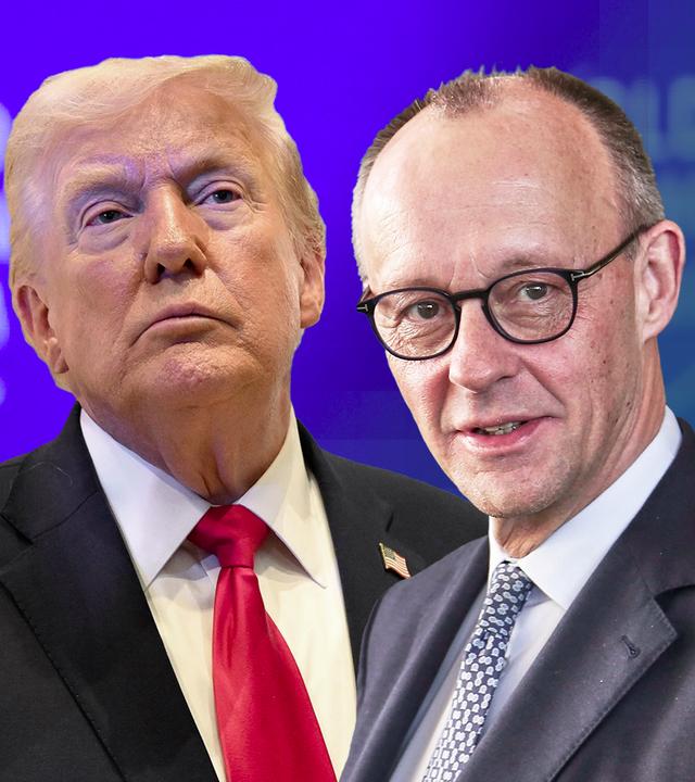 Donald Trump und Friedrich Merz vor blauem Hintergrund