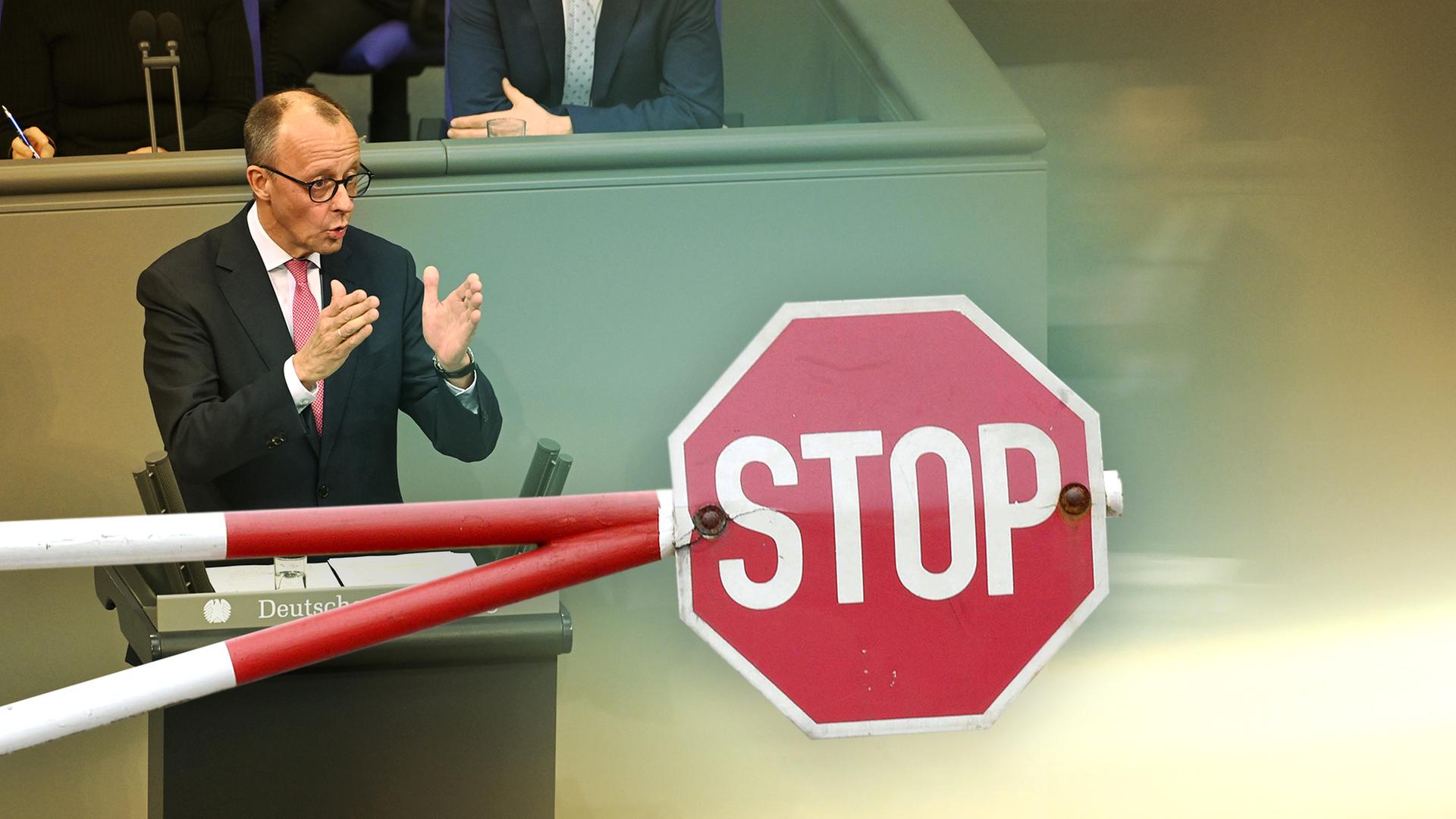 Montage: Friedrich Merz mit Schranke und Stopschild