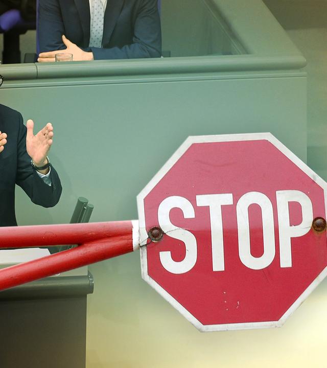 Montage: Friedrich Merz mit Schranke und Stopschild