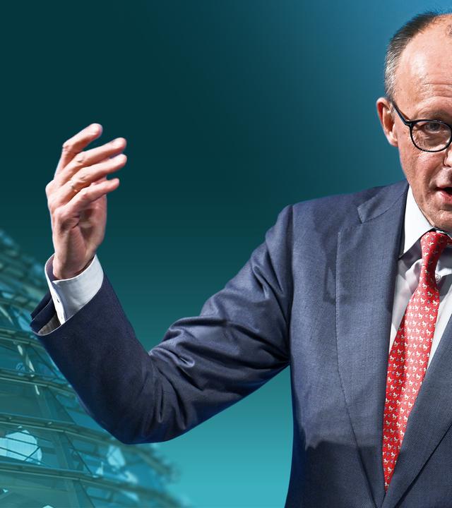 Das Bild zeigt einen gestikulierenden Bundeskanzler Friedrich Merz.