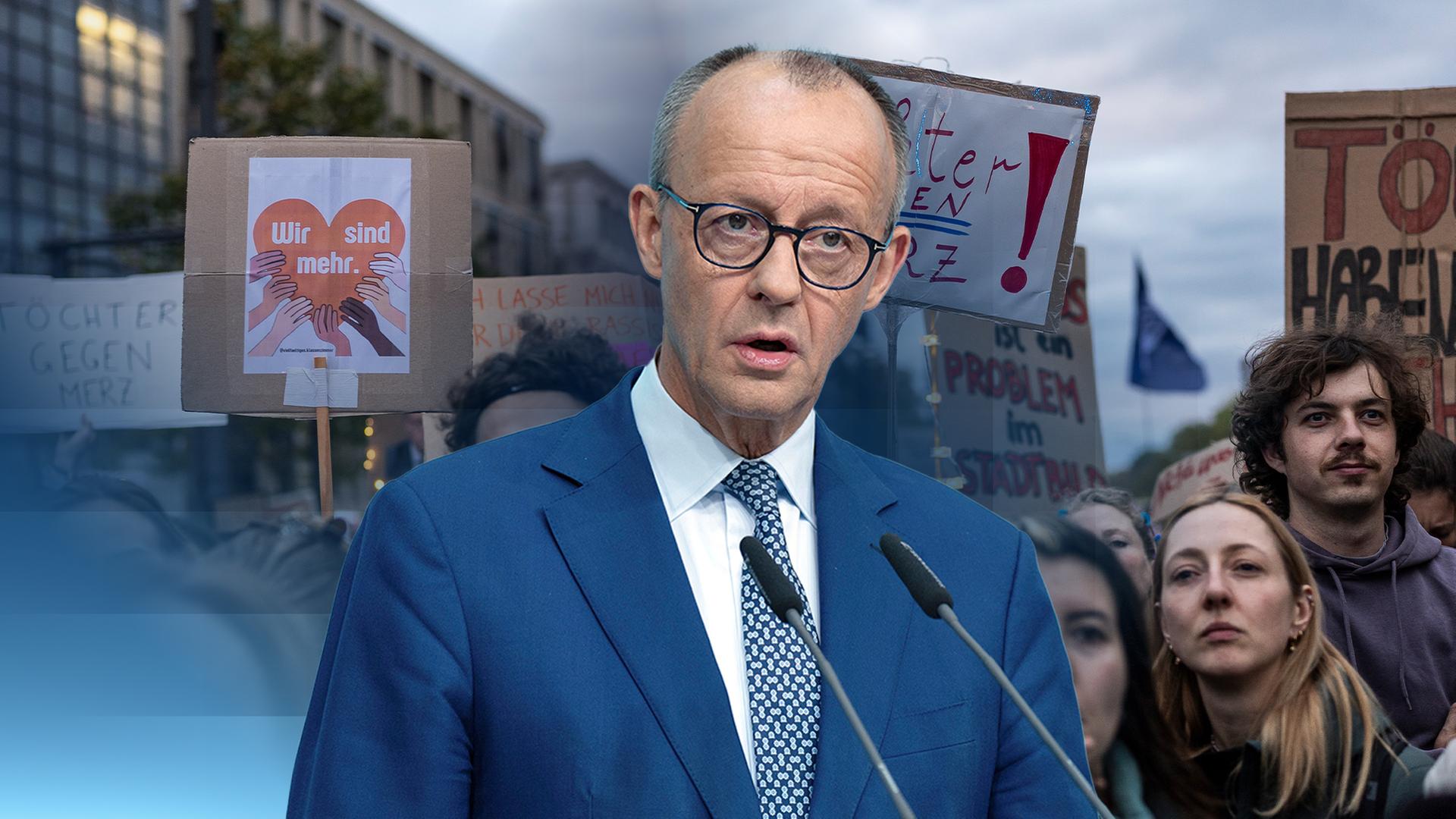 Bundeskanzler Friedrich Merz an einem grauen Podium mit CDU-Logo darauf.