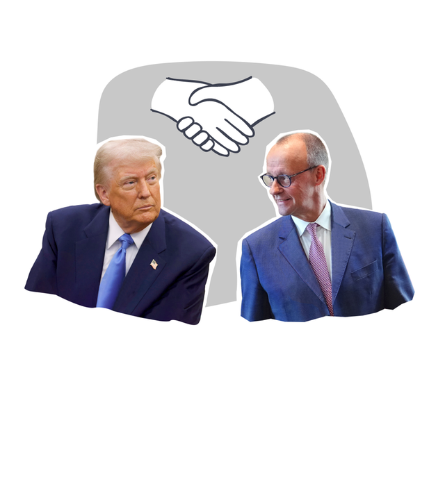 Merz und Trump ausgeschnitten, schauen sich gegenseitig an, darüber grafisches Handshake-Symbol