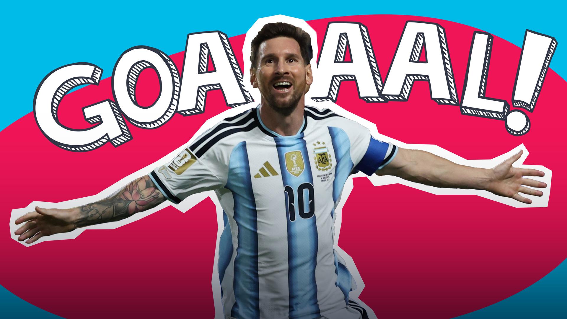 Zu sehen ist Lionel Messi der freudig seine Arme ausbreitet. Hinter ihm steht in Großbuchstaben GOAAAL! und der Hintergrund ist rot und blau gefärbt.