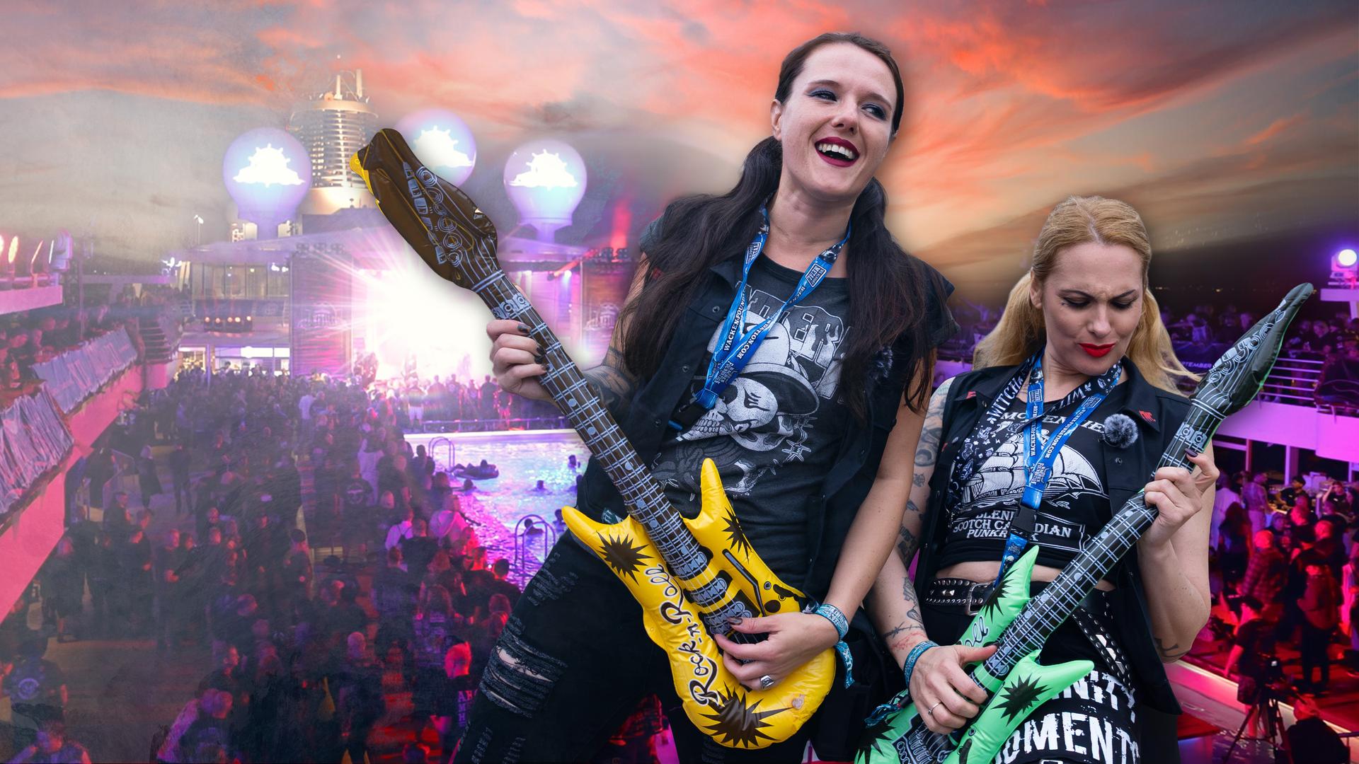 Zwei Heavy Metal-Fans, Vanessa und Birte, in schwarzer Kleidung und mit aufblasbaren Gittaren.
