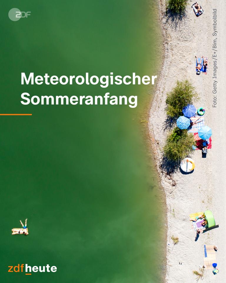 Ein Strand an einem See, fotografiert aus der Luft, darüber der Text "Metereologischer Sommeranfang".