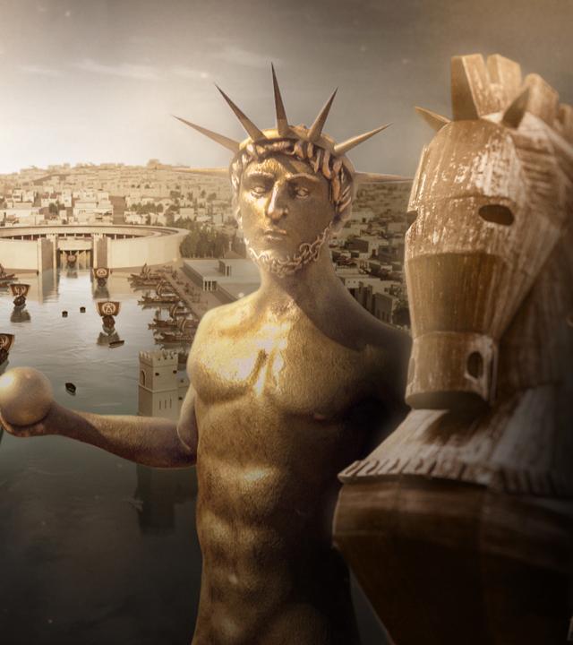 Collage: Im hintergrund Karthago vorne mitte bis rechts Kopf vom Pferd von Troja, Statue des Königs Dareios 