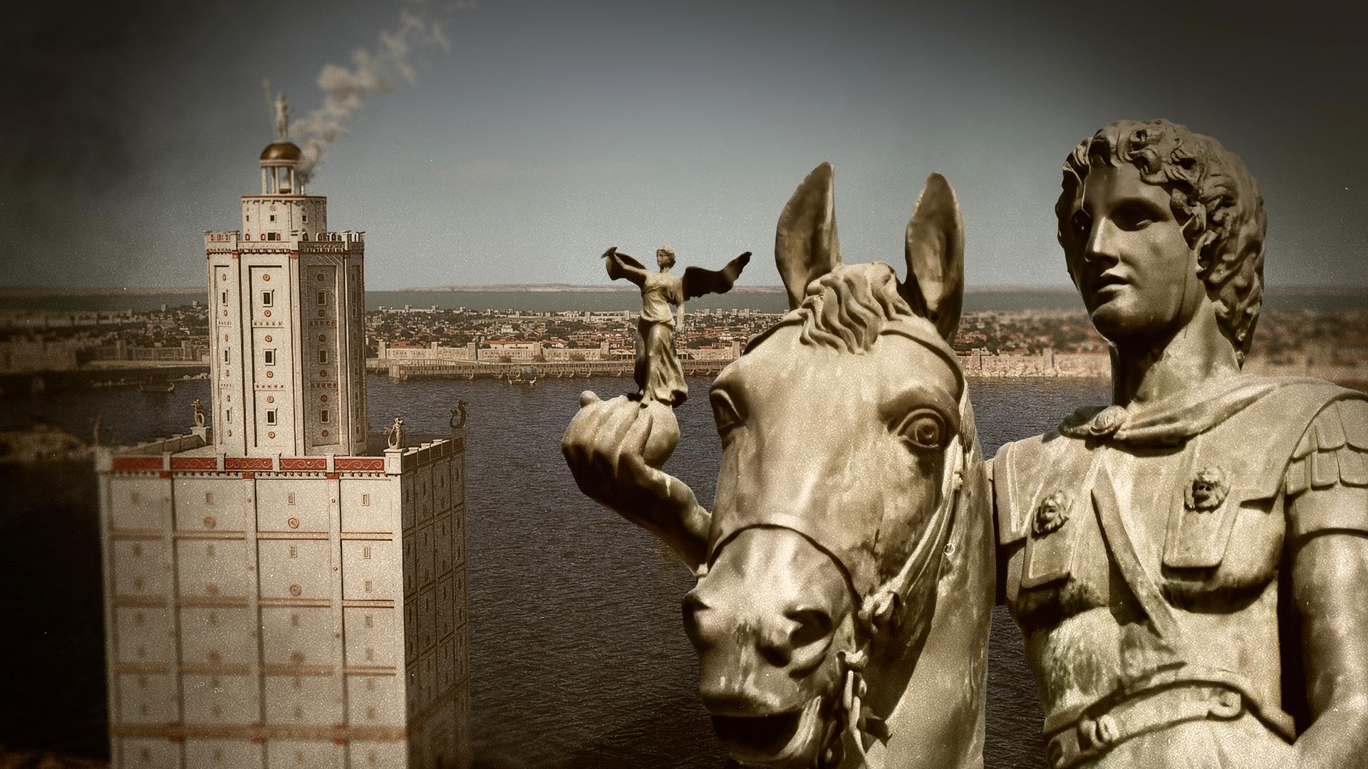 Blick auf die grafische Rekonstruktion eines Leuchtturms am Wasser und einer Stadt im Hintergrund. Rechts eine Statue von Alexander dem Großen.