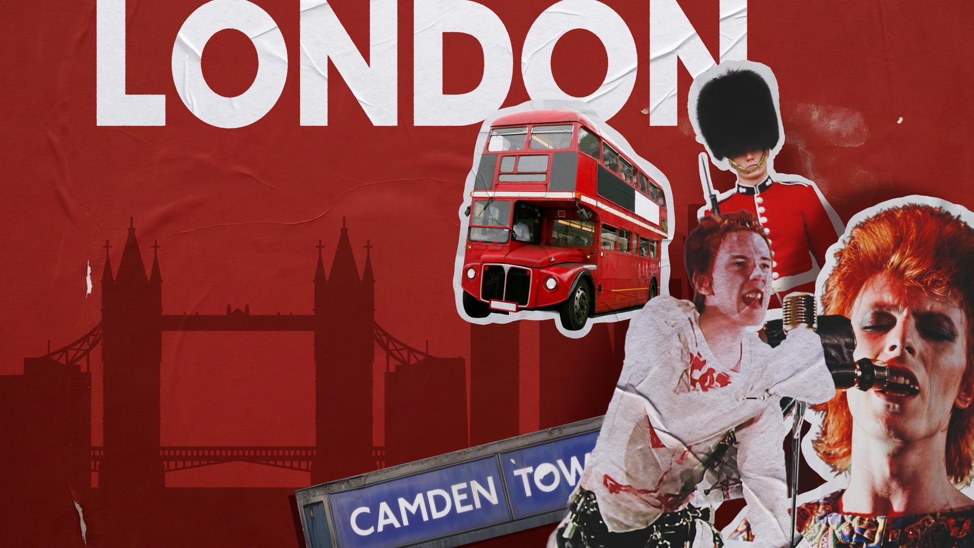 Großer weißer Schriftzug "LONDON" auf rotem, plakatähnlich strukturiertem Hintergrund. Davor Collage mit rotem Doppeldeckerbus, Wachposten mit Bärenfellmütze, zwei singenden Bühnenfiguren an Mikrofonen, sowie einem schräg gesetzten „Camden Town“-Schild; im Hintergrund stilisierte Skyline mit Tower Bridge.