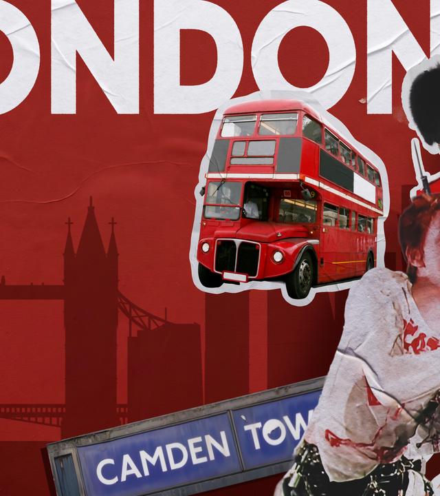 Großer weißer Schriftzug "LONDON" auf rotem, plakatähnlich strukturiertem Hintergrund. Davor Collage mit rotem Doppeldeckerbus, Wachposten mit Bärenfellmütze, zwei singenden Bühnenfiguren an Mikrofonen, sowie einem schräg gesetzten „Camden Town“-Schild; im Hintergrund stilisierte Skyline mit Tower Bridge.
