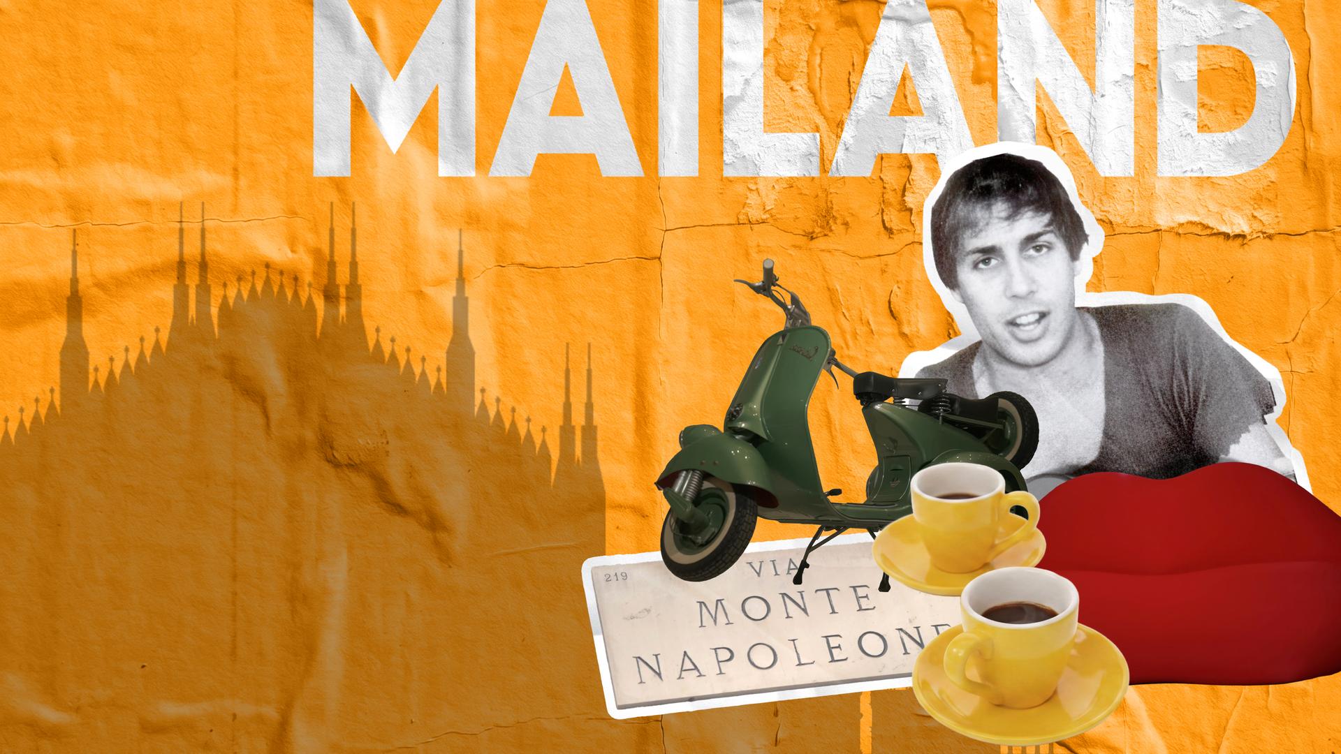 Orangefarbene, strukturierte Wand mit großem weißen Schriftzug "MAILAND". Davor Collage aus schwarz-weißer Porträtfotografie, grünem Motorroller, zwei gelben Espressotassen, rotem Sofa und Straßenschild "Via Monte Napoleone". Im Hintergrund stilisierte Skyline des Domes.