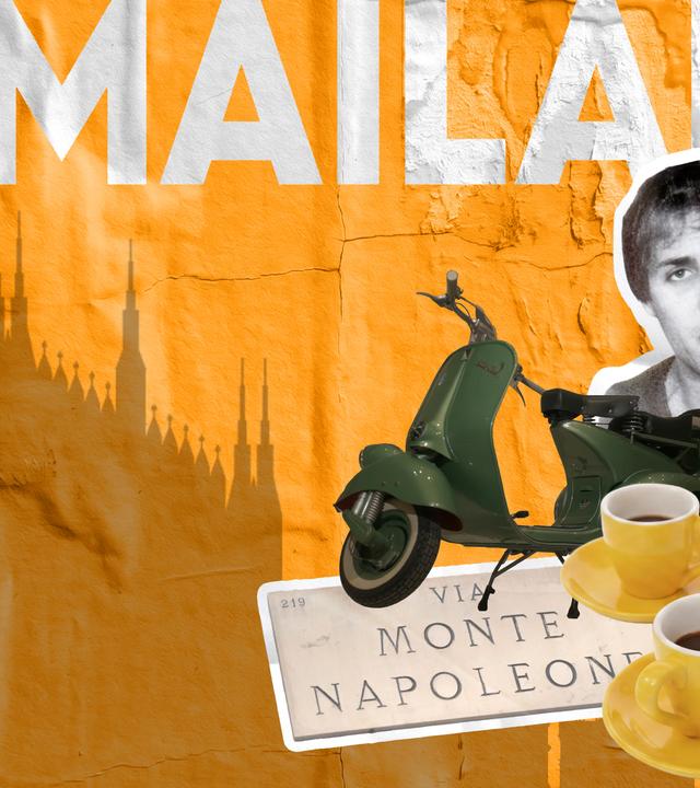 Orangefarbene, strukturierte Wand mit großem weißen Schriftzug "MAILAND". Davor Collage aus schwarz-weißer Porträtfotografie, grünem Motorroller, zwei gelben Espressotassen, rotem Sofa und Straßenschild "Via Monte Napoleone". Im Hintergrund stilisierte Skyline des Domes.