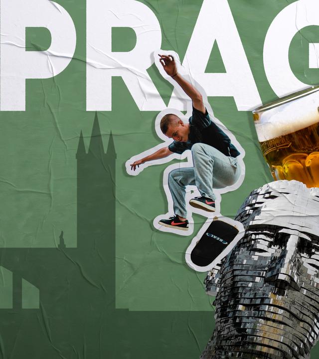 Großer weißer Schriftzug "PRAG" auf grünem, plakatähnlich strukturiertem Hintergrund. Davor Collage mit springender Skateboardfigur, schrägem Skateboard, Bierglas, metallischer Kopfskulptur und Porträtaufnahme; im Hintergrund stilisierte Silhouette mit Kirchtürmen und historischen Gebäuden. 