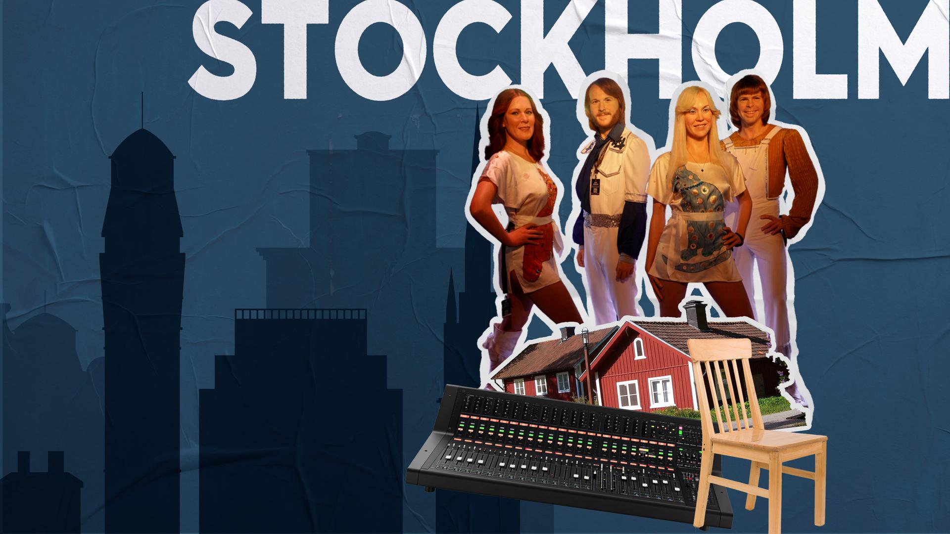 Großer weißer Schriftzug "STOCKHOLM" auf blauem Hintergrund. Davor Collage aus vier Personen in auffälligen Bühnenoutfits (Band ABBA), einem roten Holzhaus, einem Audiomischpult und einem Holzstuhl; im Hintergrund eine stilisierte Stadtsilhouette mit Turm.