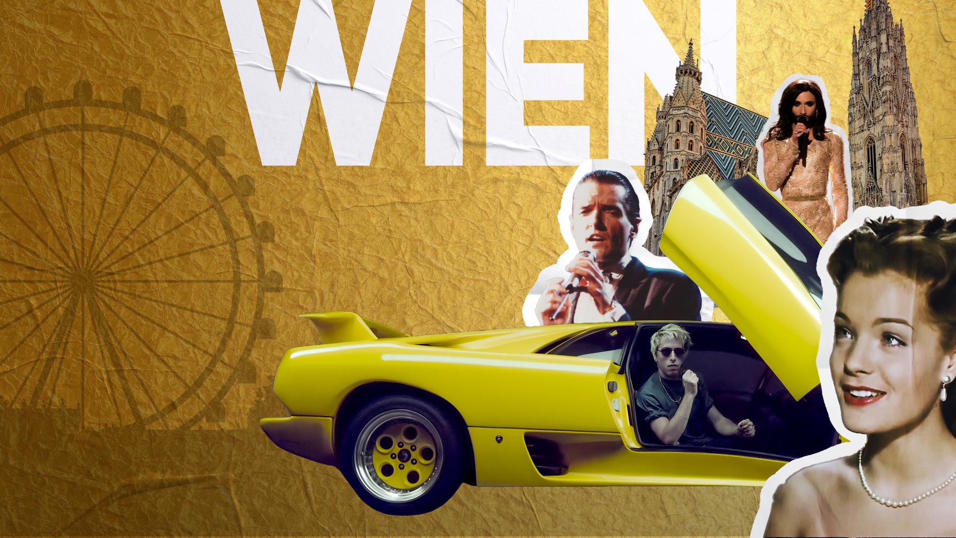 Großer weißer Schriftzug "WIEN" auf goldgelb strukturiertem Hintergrund. Davor Collage mit gelbem Sportwagen mit geöffneter Tür, mehreren Porträtaufnahmen, einer singenden Bühnenfigur am Mikrofon sowie historischen Bauwerken; im Hintergrund stilisiertes Riesenrad.