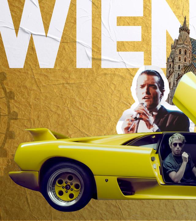 Großer weißer Schriftzug "WIEN" auf goldgelb strukturiertem Hintergrund. Davor Collage mit gelbem Sportwagen mit geöffneter Tür, mehreren Porträtaufnahmen, einer singenden Bühnenfigur am Mikrofon sowie historischen Bauwerken; im Hintergrund stilisiertes Riesenrad.