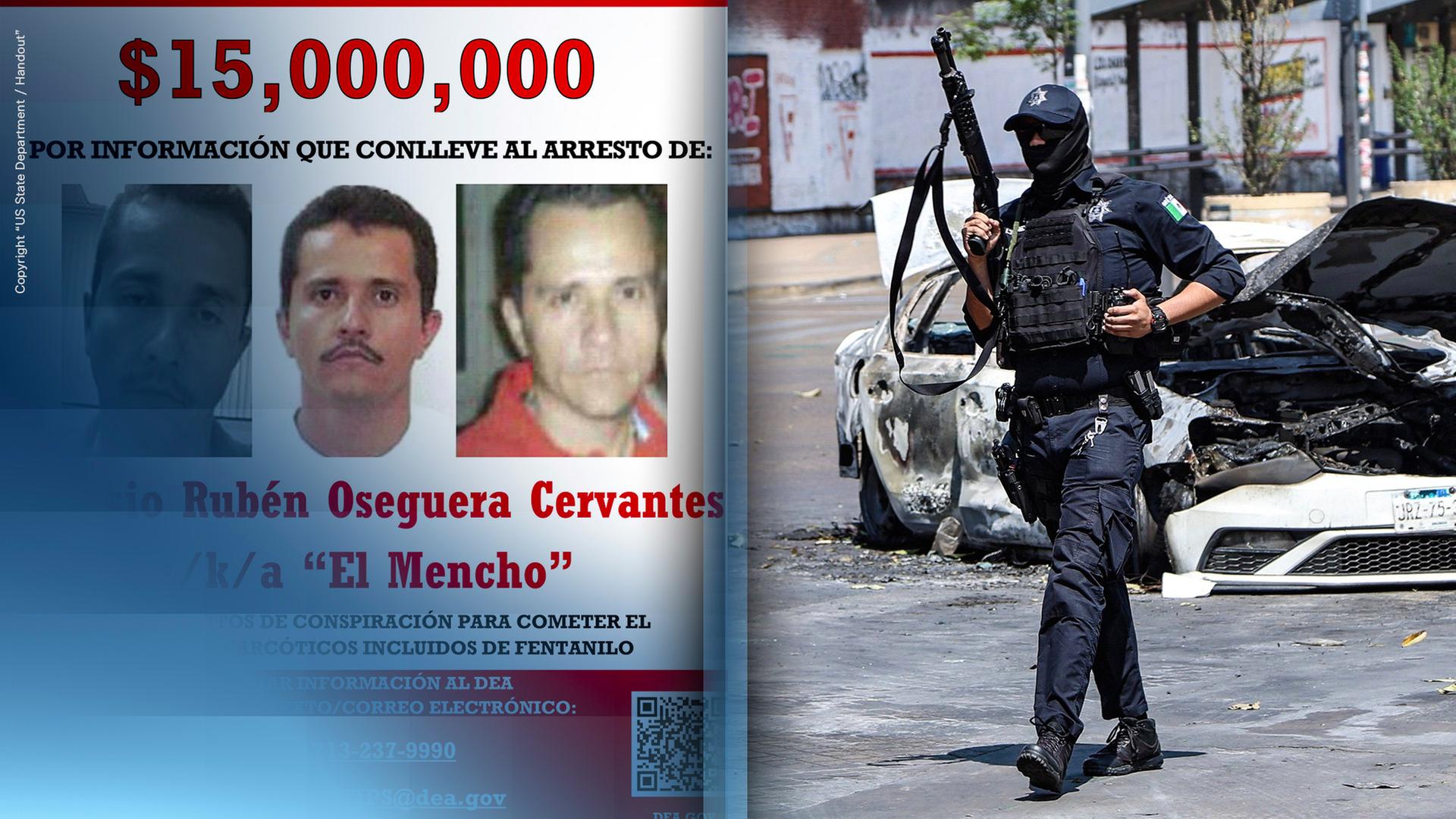 Links Fahndungsfotos des  getöteten Kartelboss "El Mencho", rechts eine vermummte bewaffnete Mexikanische Streitkraft.