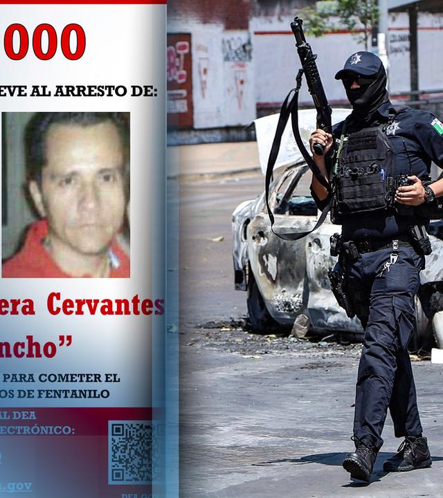Links Fahndungsfotos des  getöteten Kartelboss "El Mencho", rechts eine vermummte bewaffnete Mexikanische Streitkraft.