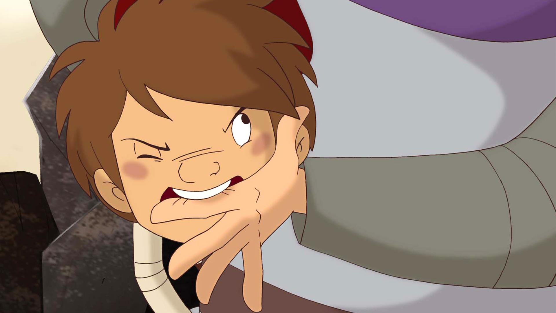 Ritter Trenk beißt Ritter Wertolt in den Finger.