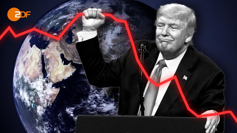 US-Präsident Donald Trump steht an einem Rednerpult. Im Hintergrund ist die Erdkugel aus dem Weltall betrachtet zu sehen. In der Montage hält Trump einen Aktienkurs fest in der rechten Hand.
