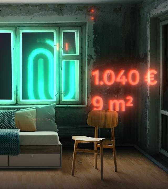 Ein Zimmer mit kahlen Wänden und kargem Einrichtungsstil. Im Vordergrund Mietpreis in rot sowie grünes Spur-Logo 