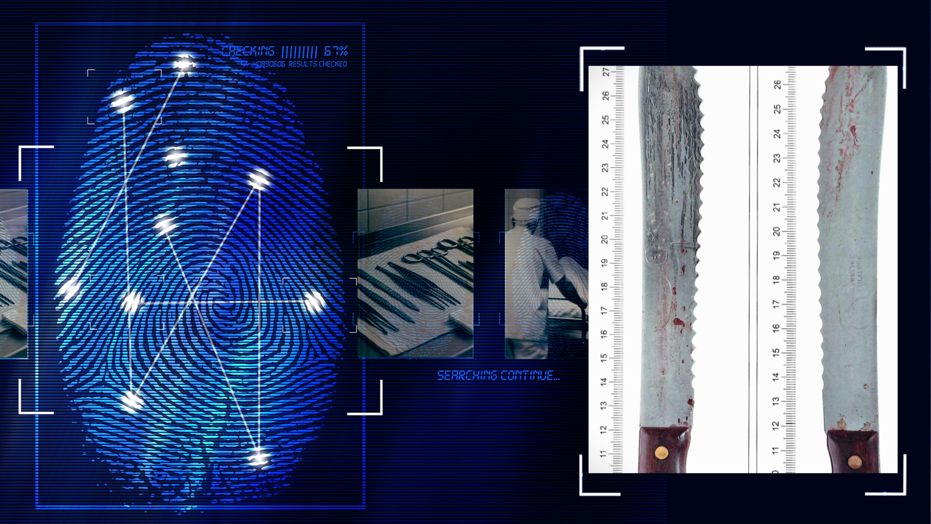 Bild aus der Polizieakte - zwei blutverschmierte Messer. An zwei Linealen ist die Größe abzulesen. Links daneben: Lichtschematische Darstellung eines Fingerabdrucks.
