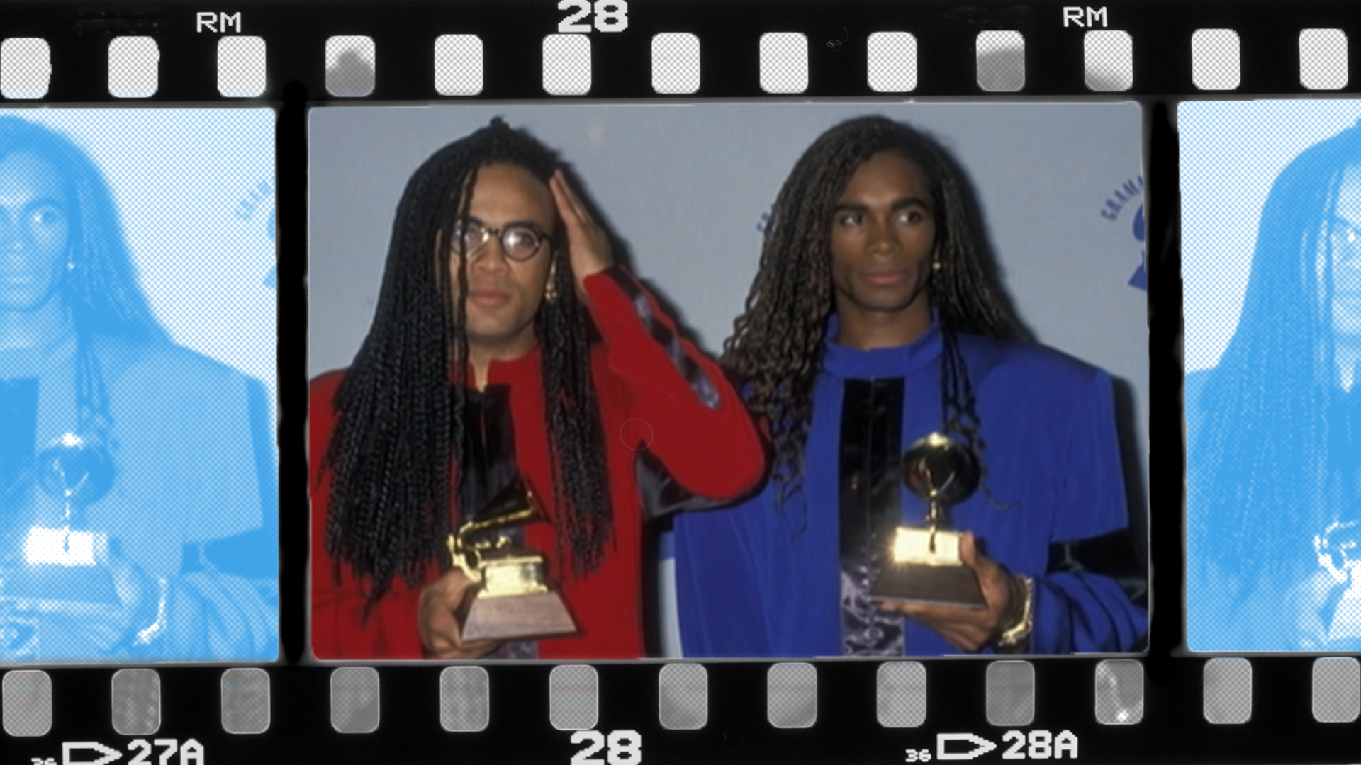 Die Mitglieder des Discopop-Duos "Milli Vanilli" Fab Morvan und Rob Pilatus bei den Grammys 1990.