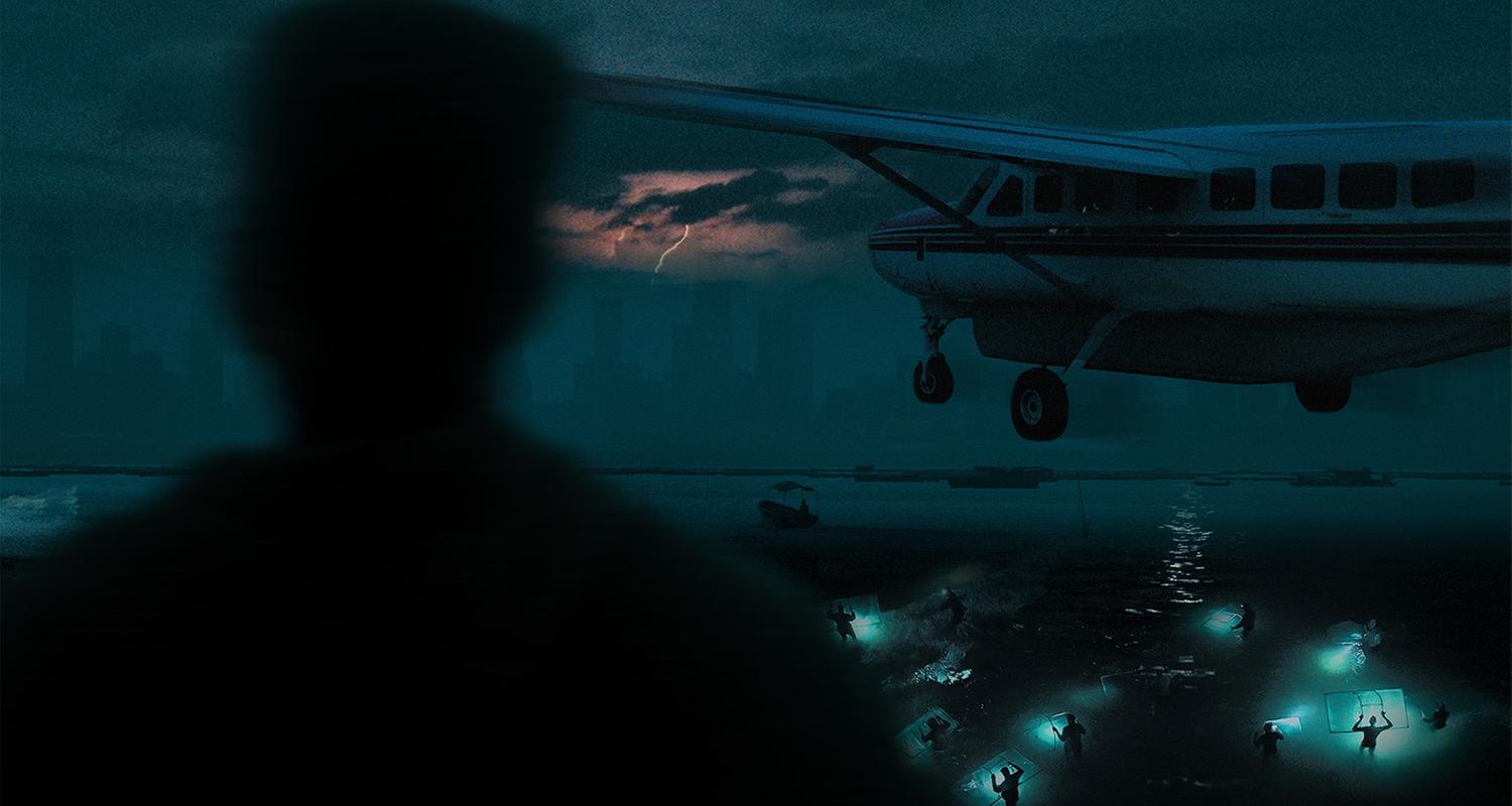 Taucher, ein Flugzeug und eine Silhouette im Dunkeln