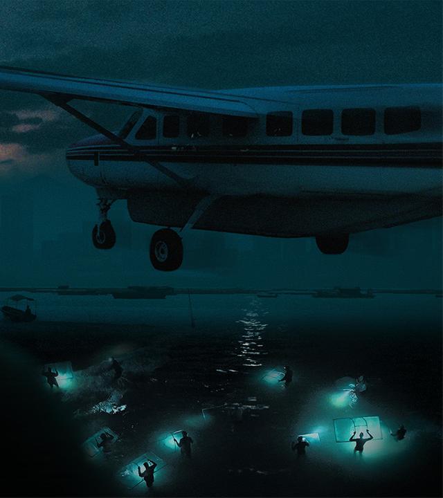 Taucher, ein Flugzeug und eine Silhouette im Dunkeln