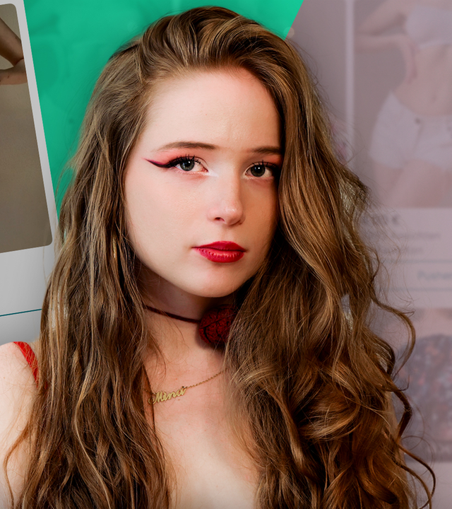 Mina steht im Vordergrund mit offenen Haaren und ausdrucksstarkem Makeup. Im Hintergrund sieht man Vinted-Tragefotos.