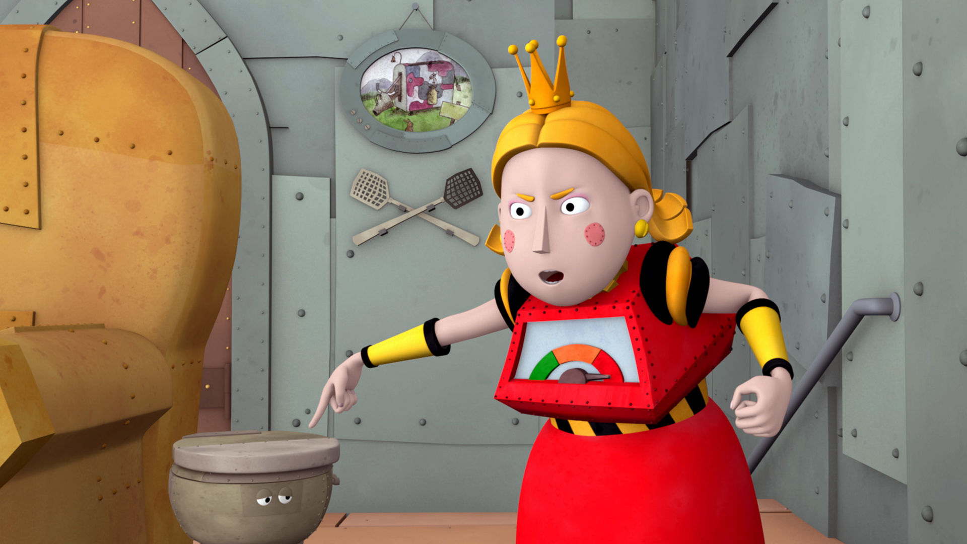 Prinzessin Magnesia zeigt wutentbrannt mit dem Finger auf das verrückte Klo.