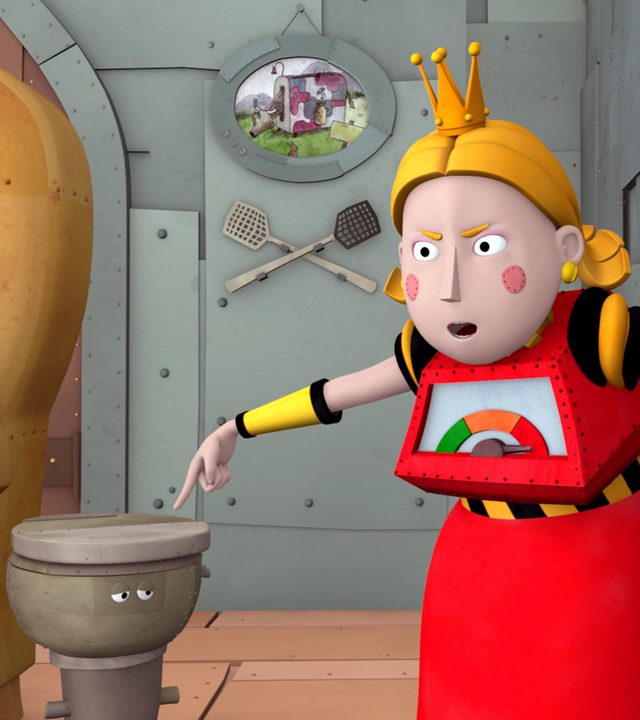 Prinzessin Magnesia zeigt wutentbrannt mit dem Finger auf das verrückte Klo.