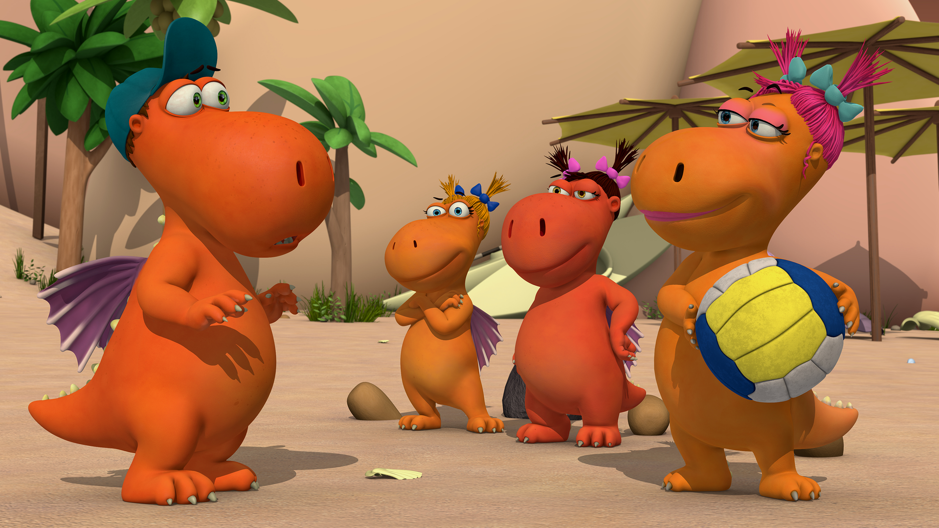 Drache Digby steht drei Gegenspielerinnen gegenüber.