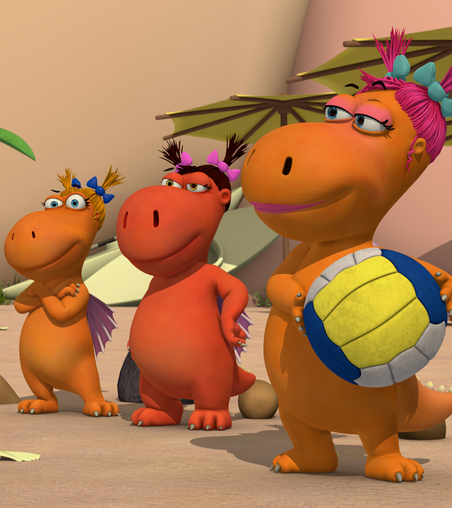 Drache Digby steht drei Gegenspielerinnen gegenüber.