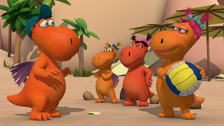 Drache Digby steht drei Gegenspielerinnen gegenüber.