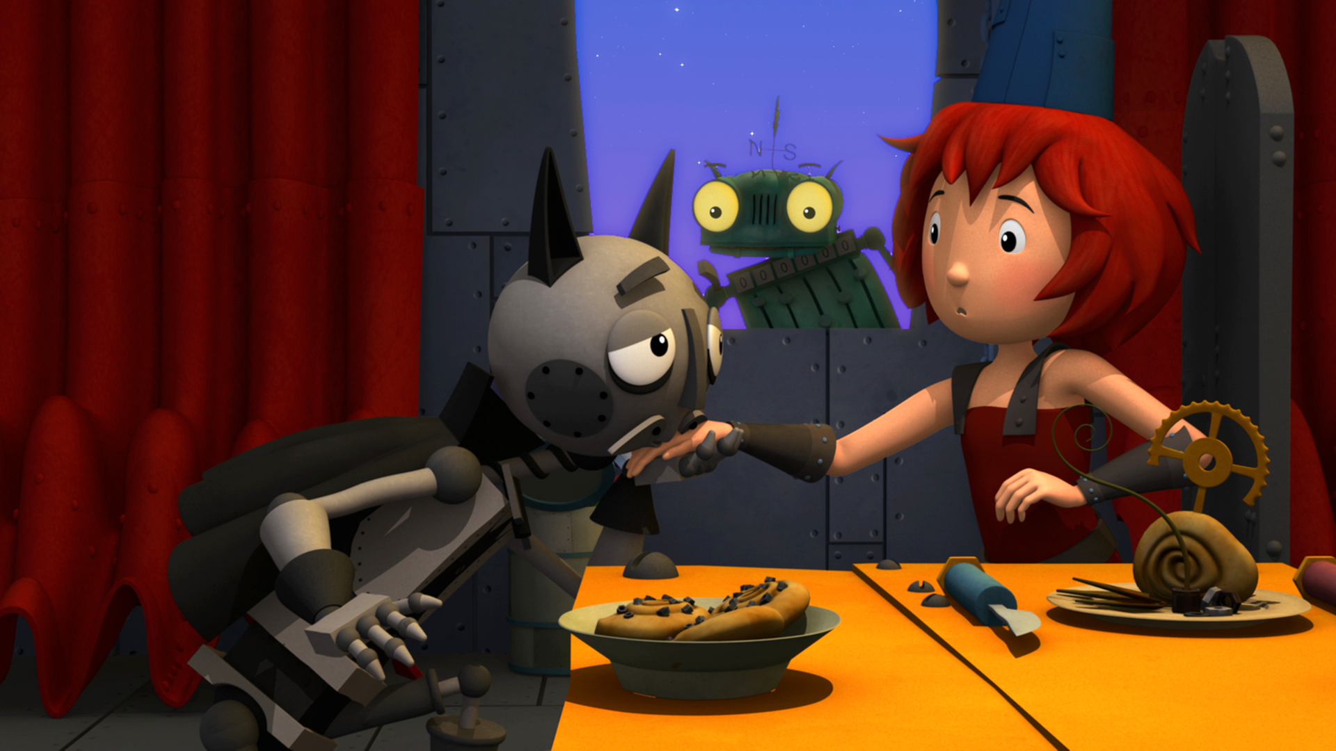 Der Geisterritter (vorne, Mitte) küsst Bös Hand (vorne, rechts) beim Dinner. Rösti (hinten, Mitte) beobachtet das Geschehen heimlich vom Fenster aus.