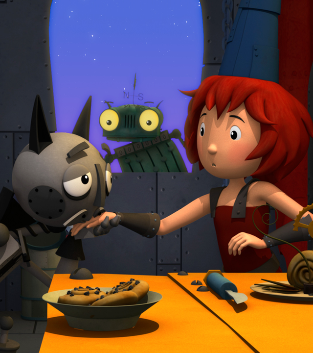 Der Geisterritter (vorne, Mitte) küsst Bös Hand (vorne, rechts) beim Dinner. Rösti (hinten, Mitte) beobachtet das Geschehen heimlich vom Fenster aus.