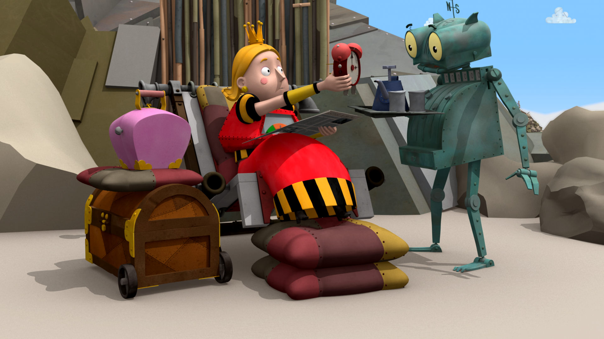 Rösti muss den Prinzessin Magnesias Diener spielen. Magnesia sitzt auf einer Liege und greift nach einem Wecker, den ihr Rösti auf einem Tablett hinhält.