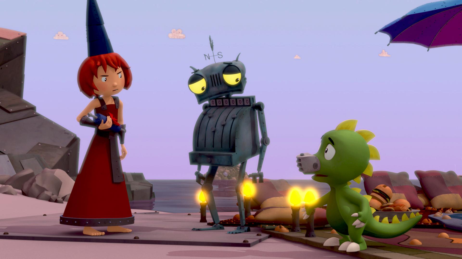 Bö steht dem enttäuschten Röst und Koks gegenüber. Im Hintergrund leuchten Kerzen am Strand.