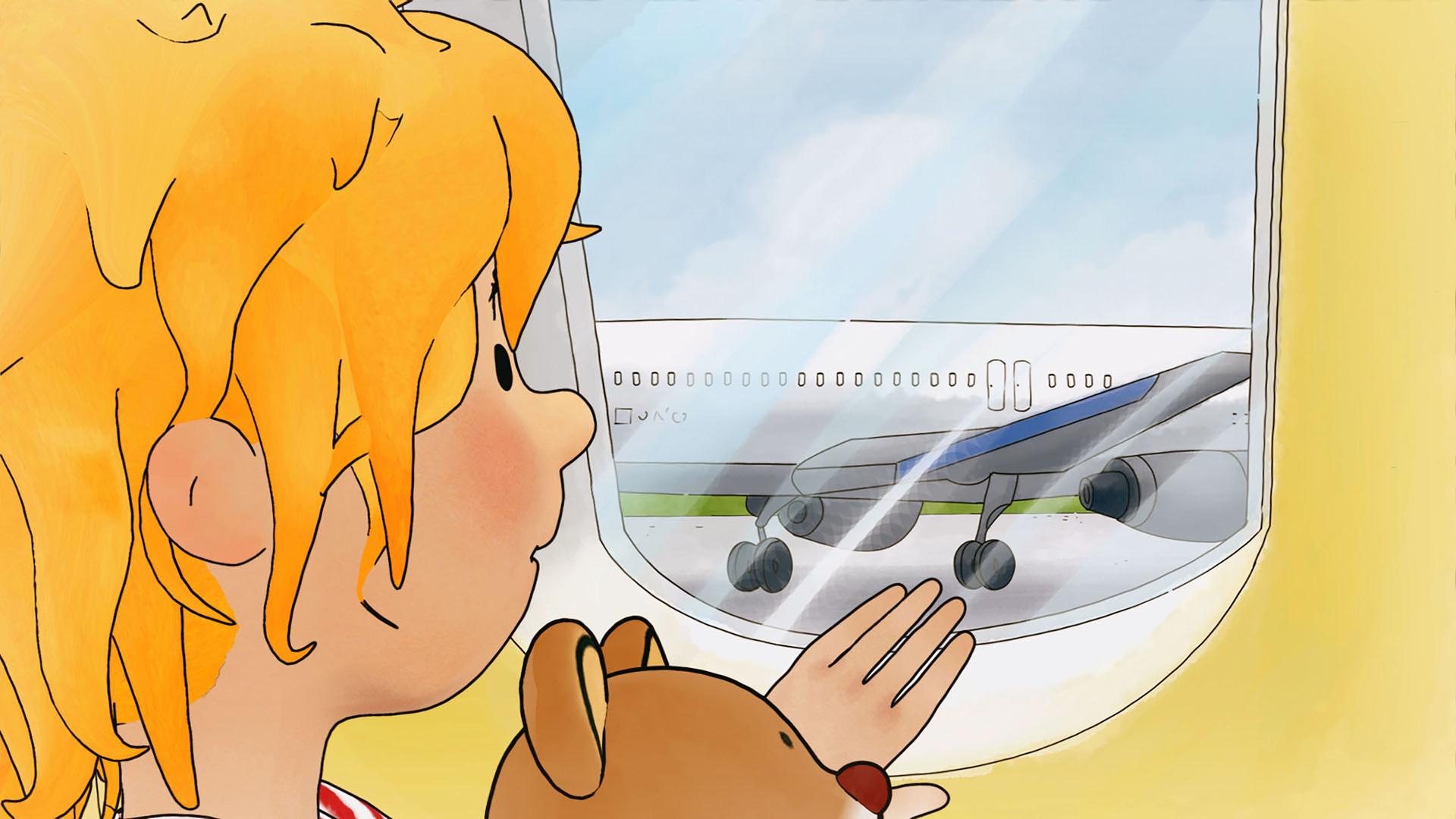 Conni sitzt im Flieger und schaut aus dem Fenster. Auf ihrem Schoß sitzt Teddy.