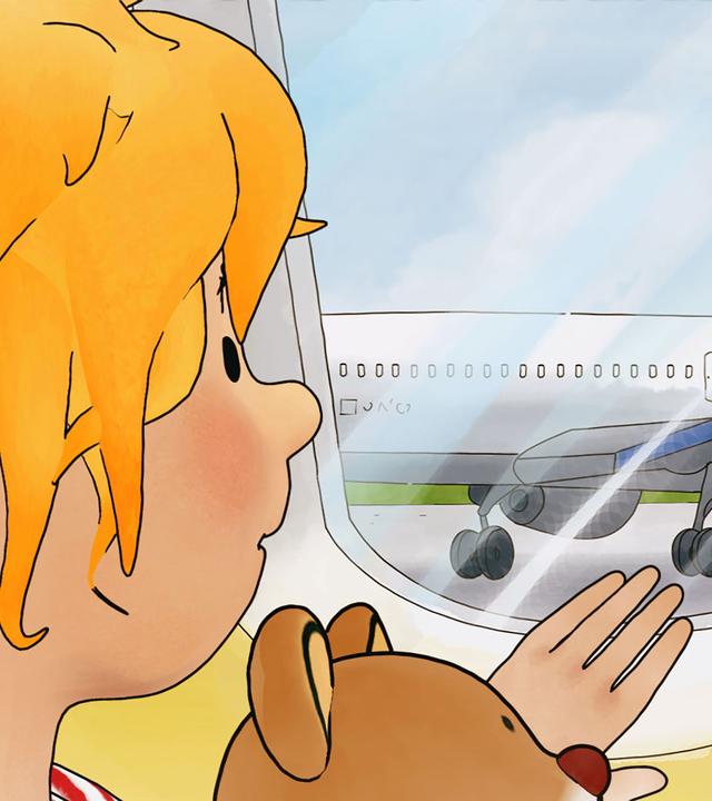 Conni sitzt im Flieger und schaut aus dem Fenster. Auf ihrem Schoß sitzt Teddy.