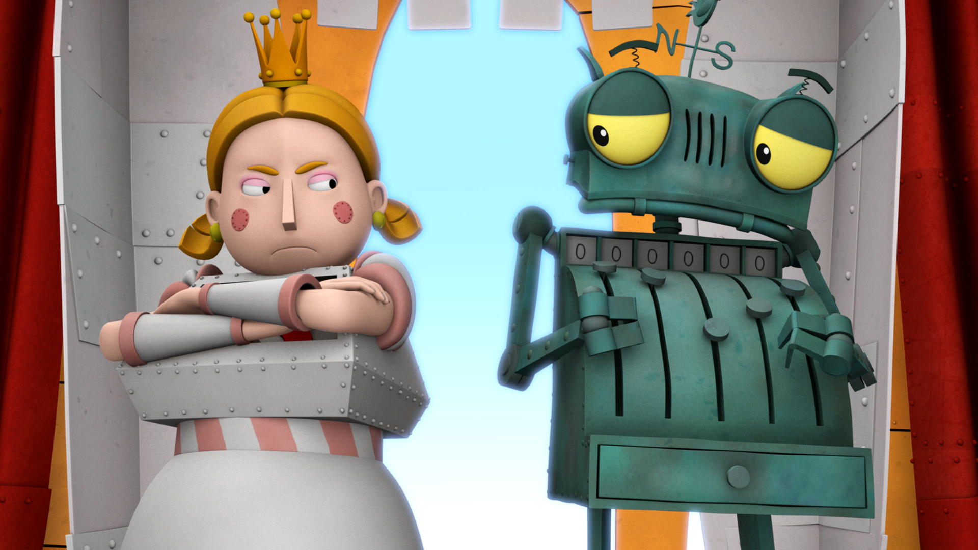 Prinzessin Magnesia und Rösti stehen mit verschränkten Armen nebeneinander und gucken sich skeptisch an. 