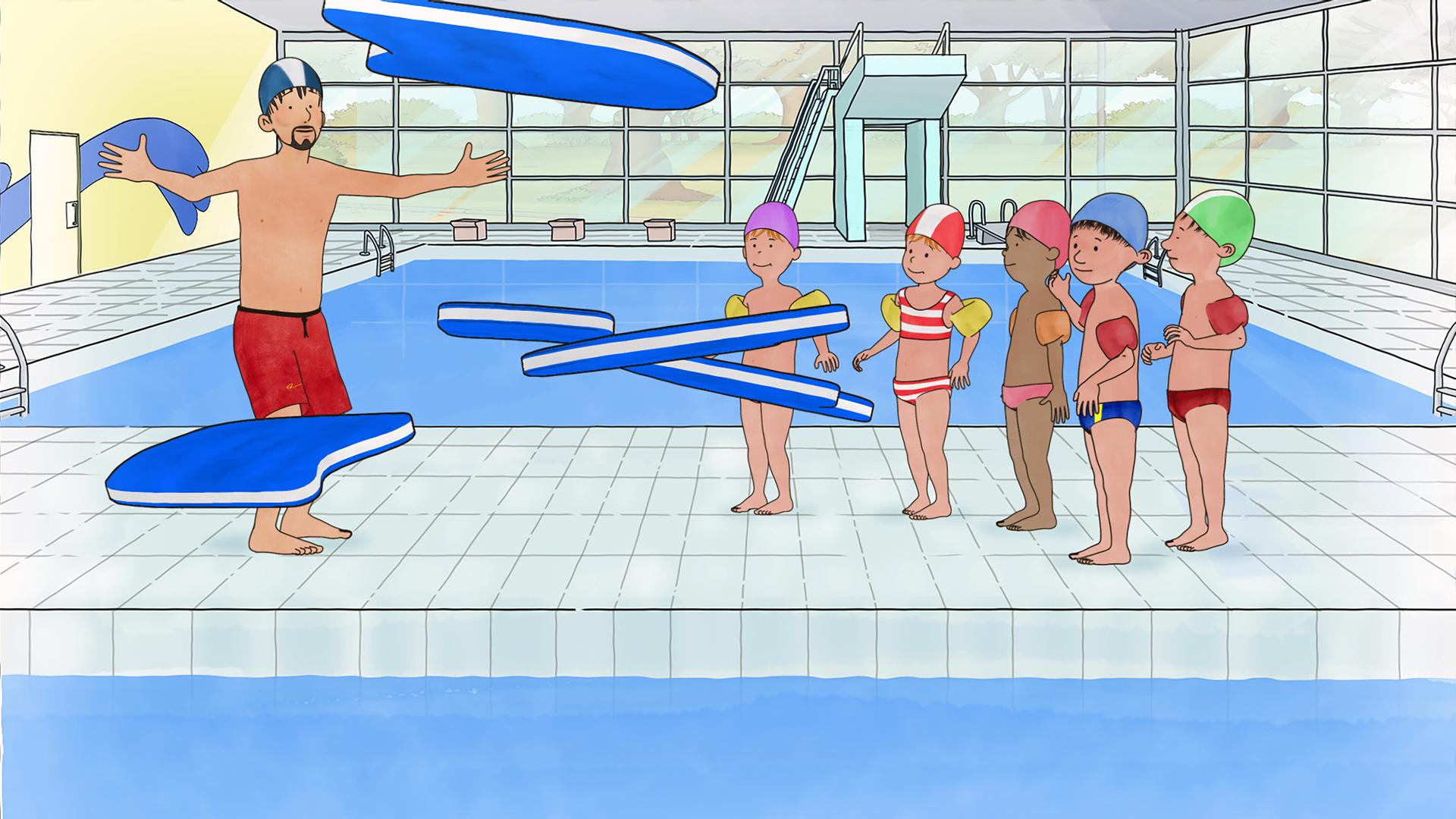 Conni steht mit Simon und den anderen Kindern im Schwimmbad. Der Schwimmlehrer erklärt etwas, dabei fliegen die Schwimmhilfen durch die Luft.