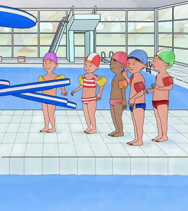 Conni steht mit Simon und den anderen Kindern im Schwimmbad. Der Schwimmlehrer erklärt etwas, dabei fliegen die Schwimmhilfen durch die Luft.