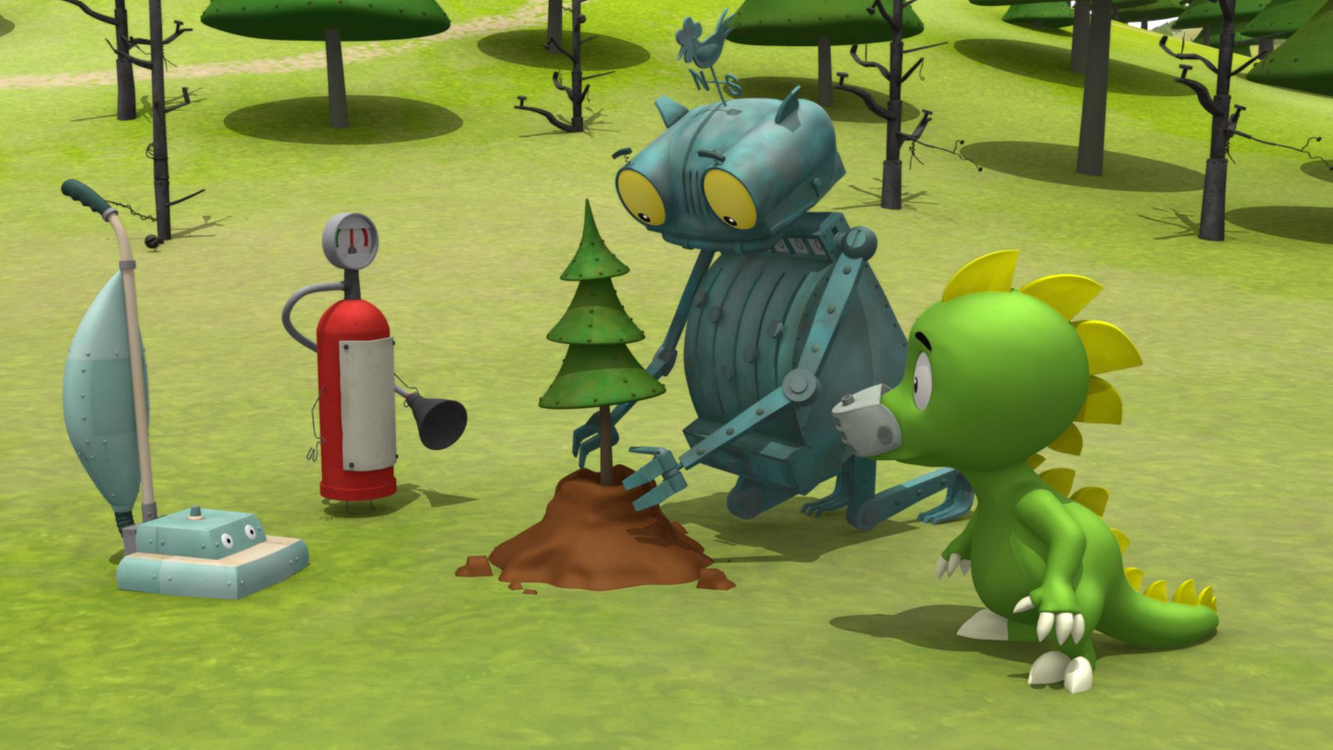 Rösti und Koks pflanzen im Wald eine kleine Tanne.