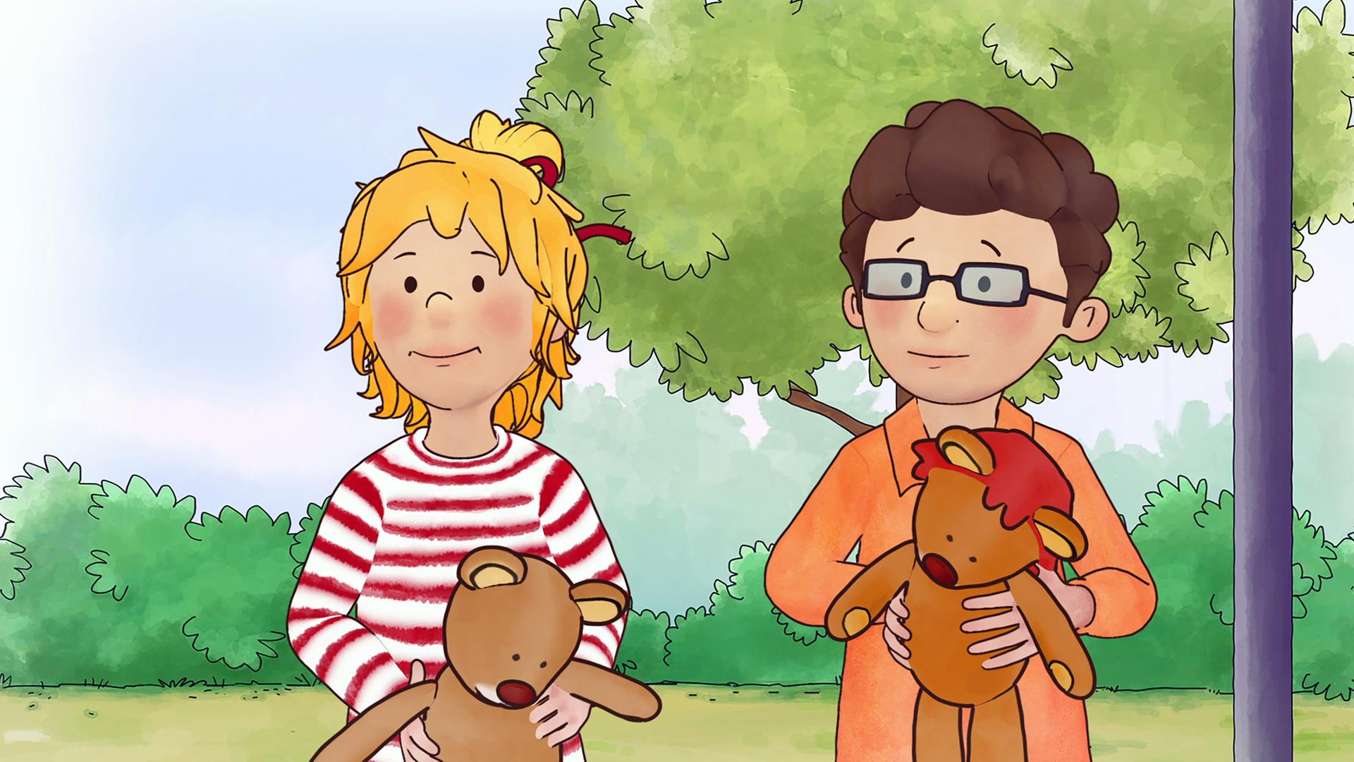 Conni und Simon halten ihre Teddys in der Hand.