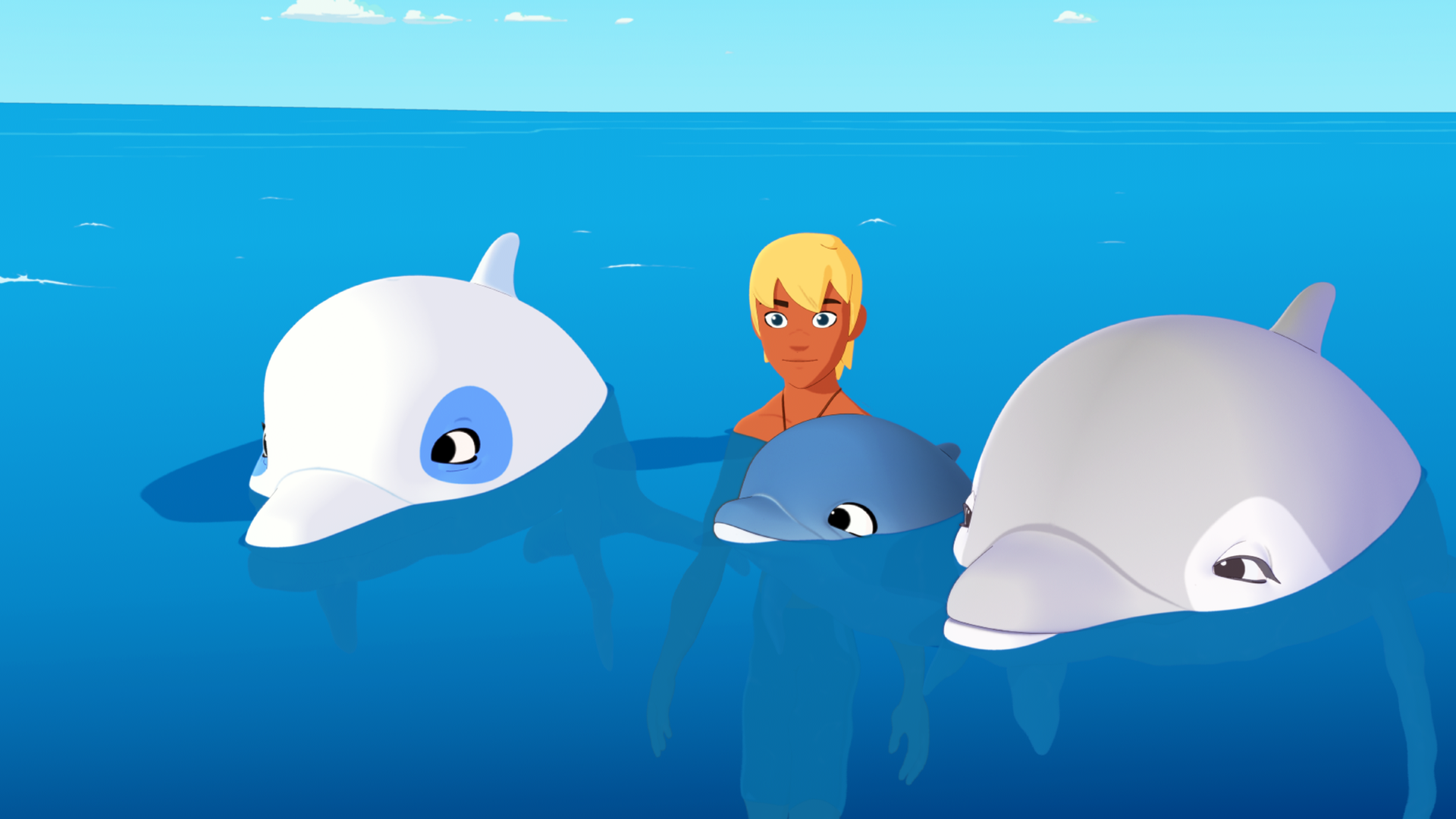 Yann und Zoom schwimmen mit einem Delfinbaby und seiner Mutter im Meer.