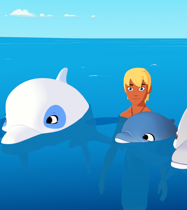 Yann und Zoom schwimmen mit einem Delfinbaby und seiner Mutter im Meer.