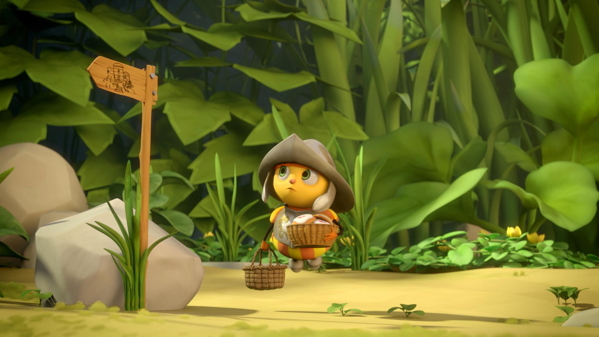 Mistel schwebt neben einem Wegweiser. Er trägt zwei Körbe voller Proviant.